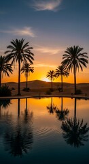 Naklejka premium A serene moment captured as the sun sets over a desert landscape, palm trees silhouetted against a golden sky and reflected in water