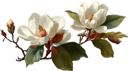Naklejka premium Two beautiful white magnolia flowers bloom alongside rich green leaves. The intricate details of the petals and leaves showcase the elegance of springtime botany.