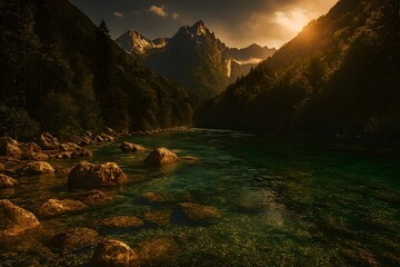 Dramatic Sunset Over Mountain Valley and Emerald River

Golden Hour Light on Alpine Peaks and Clear Turquoise Water

Wilderness Landscape: River Flowing Through Rocky Valley at Dusk

Majestic Nature S
