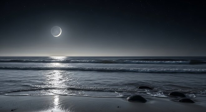 A serene moonlit beach scene at dusk. Gentle waves wash ashore under a star-studded sky, reflecting moonlight over the water