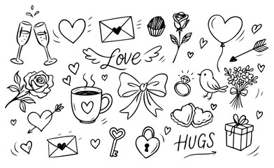 Valentine's Day doodle set. Hand drawn vector isolated background.
