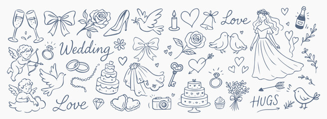 Hand drawn Valentine and wedding doodle set. elegant romantic vector illustration