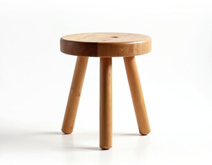 Minimalist round wooden stool with three legs. Simple furniture piece crafted from light timber. Suitable for modern rustic interior decor. Natural smooth wood seat provides comfort. Timeless design.