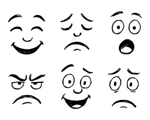 A set of various cartoon faces with different emotions on a white background. doodle