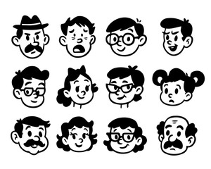 Retro set of hand drawn character faces. monochrome cartoon portraits.