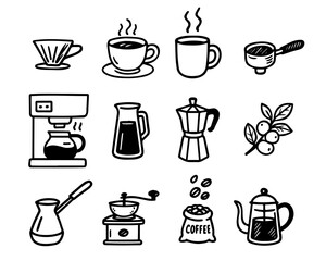 Hand-drawn coffee shop. doodle set with coffee makers, beans, cups, desserts. for café branding, stickers, menus
