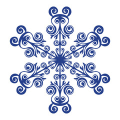Blue template snowflake with shadow. Isolated snowflakes icon, round mandala. Winter Holiday cartoon flat illustration. Merry Christmas and New year Vector. Hand draw style.