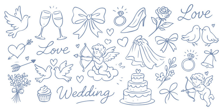 Hand drawn Valentine and wedding doodle set. elegant romantic vector illustration