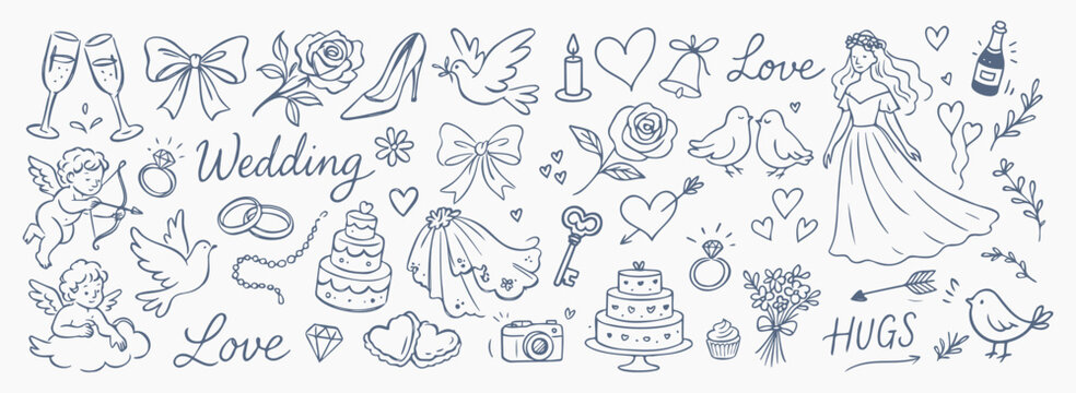 Hand drawn Valentine and wedding doodle set. elegant romantic vector illustration