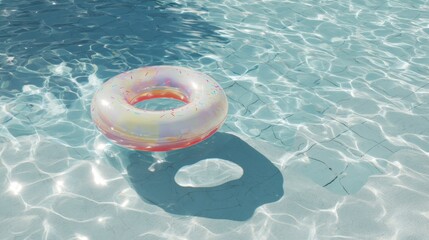 A vibrant donut shaped float rests peacefully in a clear swimming pool on a sunny day. Sunlight sparkles off the water creating playful reflections.