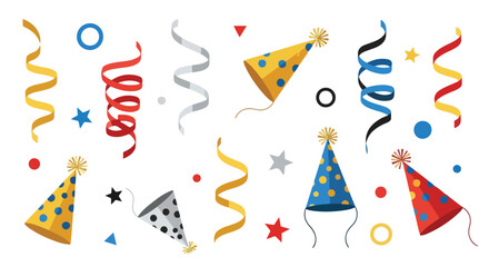 Festive Celebration Colorful Party Hats, Confetti, and Streamers for a Joyful Gathering in EPS Format