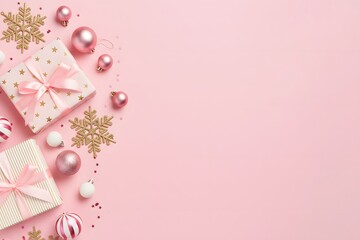 Obraz premium Wrapped presents, pink ornaments and snowflake decor captures holiday spirit and festive mood for Christmas and New Year celebrations on soft pink background.