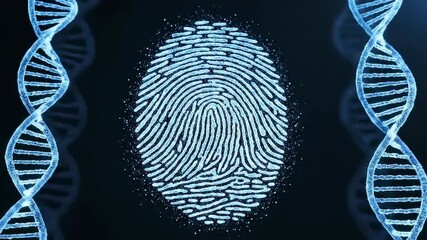 Futuristic digital fingerprint scan made of glowing blue code transforms into DNA helix. Concept of biometric security, identity and genetic data protection. - Powered by Adobe