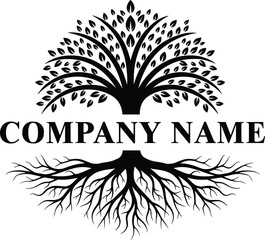 Black tree silhouette with detailed roots and leafy canopy split by company name text for nature logo design.
