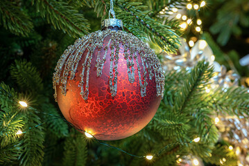 Soft light on red Christmas ornament with gentle glitter details
A red Christmas ornament hanging on a branch, softly lit with warm light. Blurred background creates a gentle holiday atmosphere.
