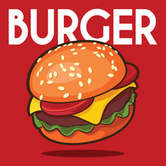 cartoon burger illustration with sesame bun, cheese, lettuce, and tomato on a bold red background