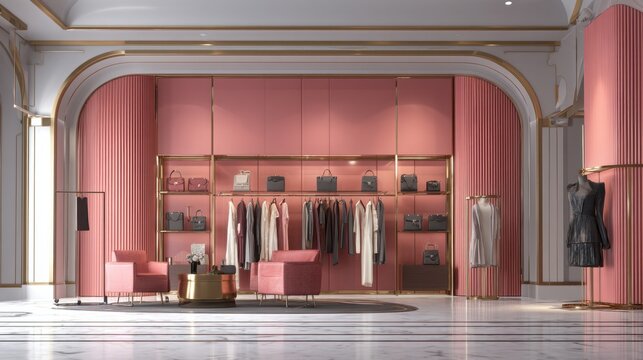 A chic boutique showcases an array of fashionable clothing and sleek accessories in soft pink tones. The polished space features elegant furnishings and a luxurious atmosphere.