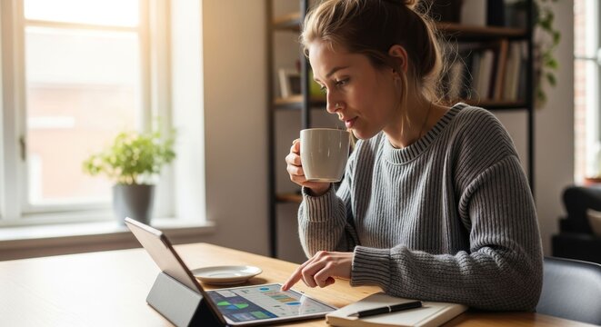Woman enjoying coffee while browsing her tablet in a sunlit room - Powered by Adobe