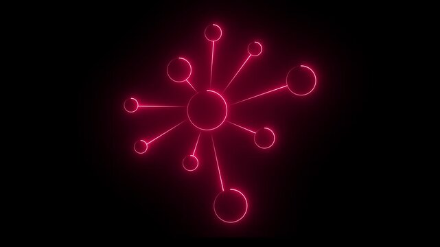 Glowing neon topology icon on black background. Animation of glowing neon Molecule model. Or global inter net connection icon animation.