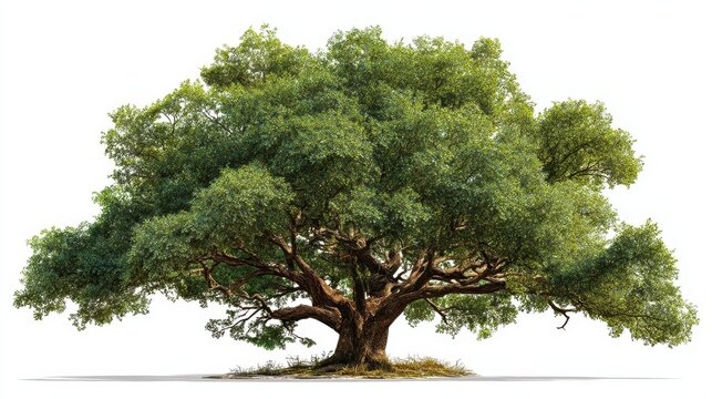 A large oak tree displays its thick trunk and wide canopy filled with vibrant green leaves. The sunlight highlights its natural beauty creating a serene atmosphere in the surroundings.