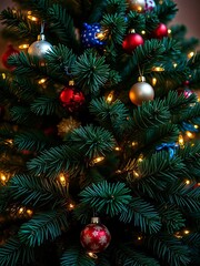 Obraz premium Festive evergreen fir adorned with shimmering ornaments and twinkling lights, evergreen, gifts