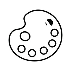 Artists paint palette with wells for mixing colors, black and white line art, isolated on