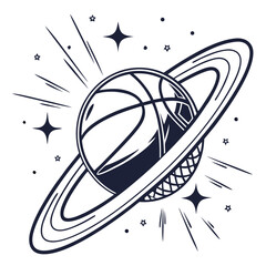 Stylized basketball planet with rings and stars in a cosmic space theme © bbbb