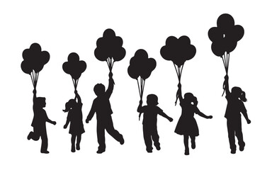 Silhouette of children running with balloons celebrating a birthday party