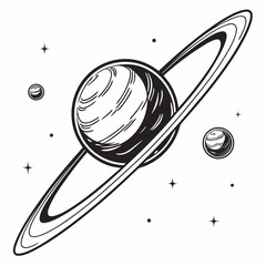 Stylized black and white illustration of a ringed planet with smaller celestial bodies and stars in deep space © bbbb