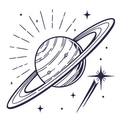Stylized line art illustration of a ringed planet with stars and cosmic elements on a white background © bbbb