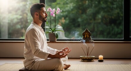 Serene man in meditative posture practices mindfulness at calming home retreat