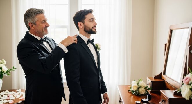 Father helps the groom prepare for his wedding day, heartfelt moment - Powered by Adobe