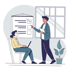 Man points to checklist on board while woman works on laptop in modern office setting