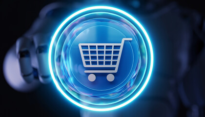 Cyber Shopping Cart Icon: A futuristic illustration depicts a robotic hand activating a glowing shopping cart icon, symbolizing digital commerce, automation, and technological advancement.