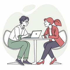 Two colleagues discussing work over coffee at a cafe with a laptop on the table