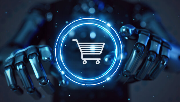 AI Robot Holds E-commerce Icon: A futuristic robot's metallic hands cradle a glowing, digital shopping cart icon, symbolizing the convergence of technology and commerce, innovation. - Powered by Adobe