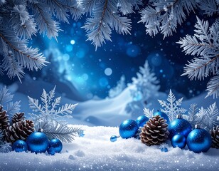 Dramatic icy blue winter background (AI-generated). Thick frost, sharp silver ornaments, and deep blue bokeh create a fierce winter scene. High contrast copy space for bold seasonal messages