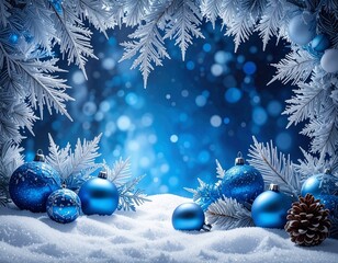 Dramatic icy blue winter background (AI-generated). Thick frost, sharp silver ornaments, and deep blue bokeh create a fierce winter scene. High contrast copy space for bold seasonal messages