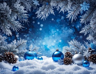 Dramatic icy blue winter background (AI-generated). Thick frost, sharp silver ornaments, and deep blue bokeh create a fierce winter scene. High contrast copy space for bold seasonal messages