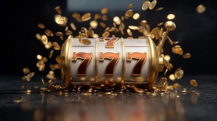 A slot machine spins rapidly with the numbers 777 showing. Golden coins cascade around it capturing the thrill of gambling at a vibrant casino event.