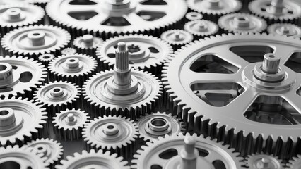 Intricate metal gears meshing together symbolize precision, efficiency, and teamwork in engineering and manufacturing success