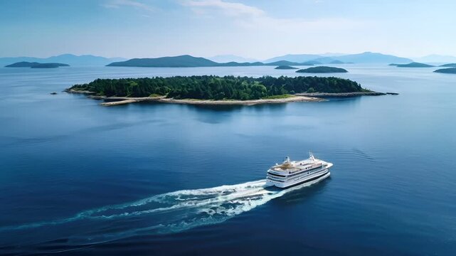 Aerial view of a large cruise ship sailing on a calm blue sea, with a small island in the background. The ship is white with a red stripe running along its side.