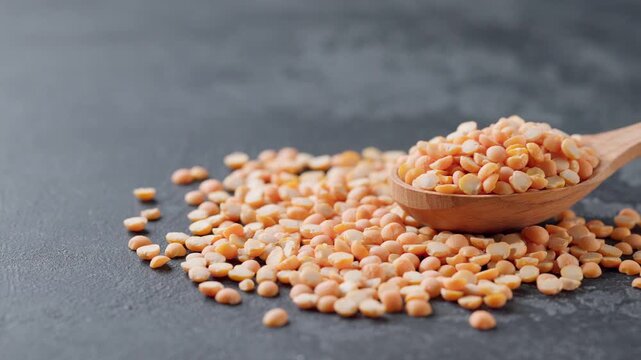 dried peas or yellow peas in a wooden spoon on a black marble background. 
dry yellow peas in a wooden spoon on a dark kitchen table.