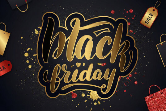 Golden black friday lettering with shopping bags and festive paint splatters