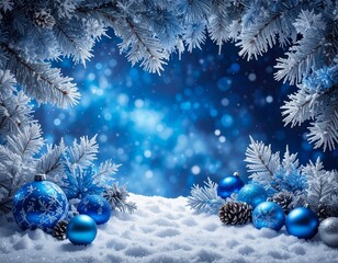 Dramatic icy blue winter background (AI-generated). Thick frost, sharp silver ornaments, and deep blue bokeh create a fierce winter scene. High contrast copy space for bold seasonal messages