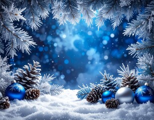 Dramatic icy blue winter background (AI-generated). Thick frost, sharp silver ornaments, and deep blue bokeh create a fierce winter scene. High contrast copy space for bold seasonal messages