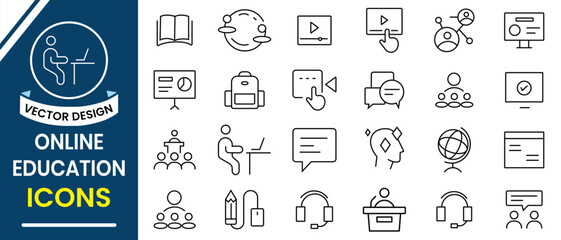 Online education icon set. Set of learning and knowledge icon, video tuition, e-learning, online course, audio course, educational website, digital education line icons vector. Vector illustration.