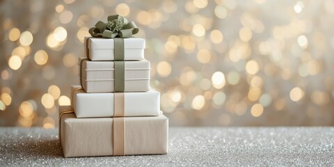 Elegant Stack of Gift Boxes with Bokeh Lights Background for Holiday Celebration and Special Occasions