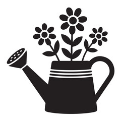 Gardening watering can silhouette filled with blooming flowers in clean black vector design
