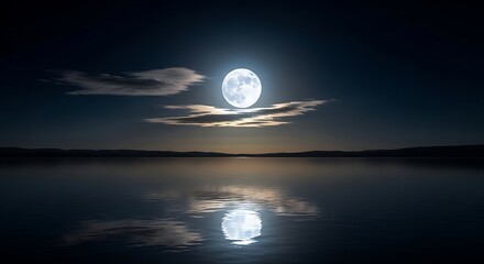 A serene nightscape showcasing a luminous full moon high above calm waters with clouds gently drifting. The moon's reflection graces the lake's surface